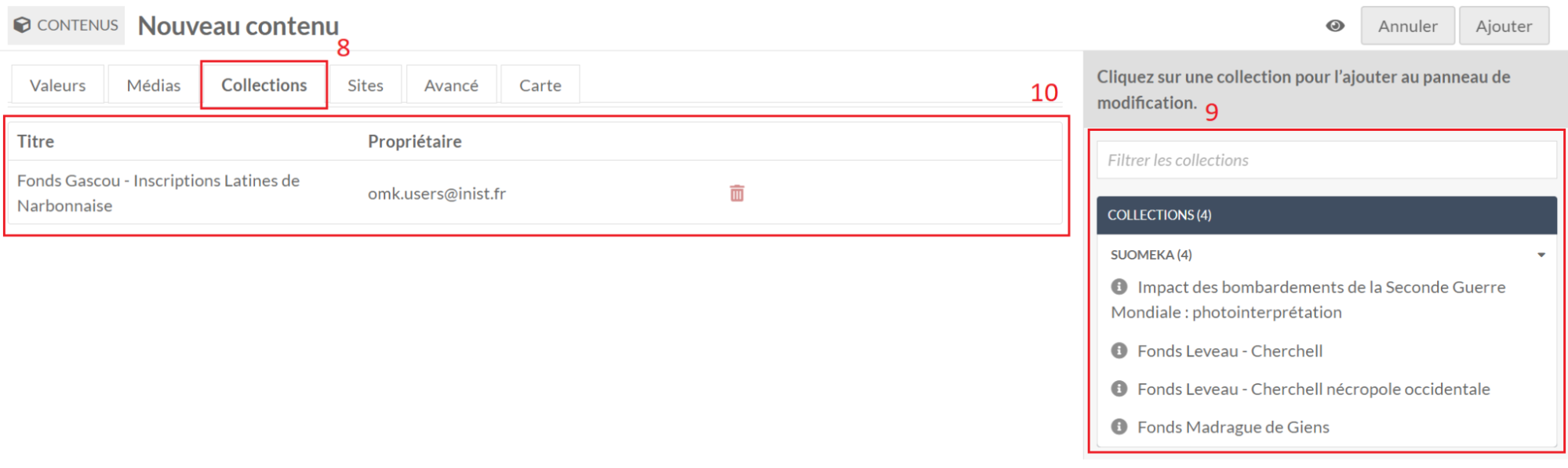 Collections d'un contenu