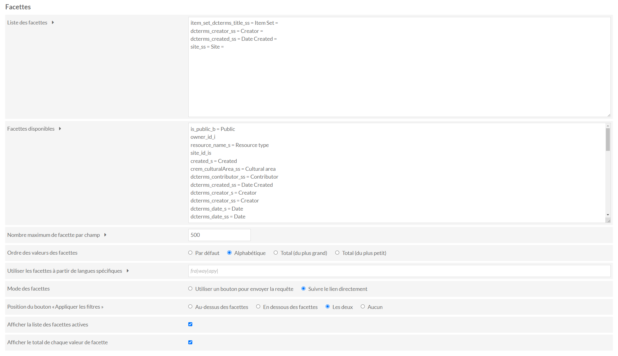 Configuration des facettes