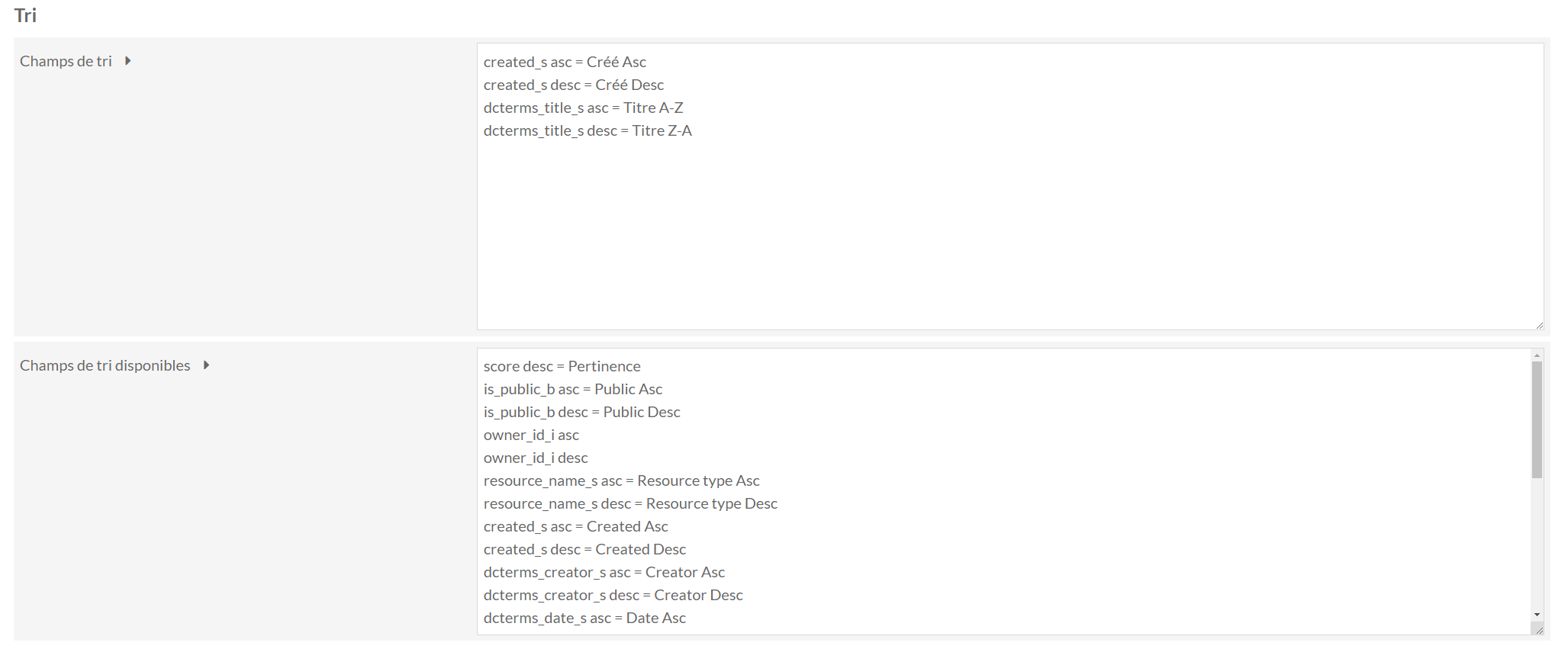 Configuration des tris