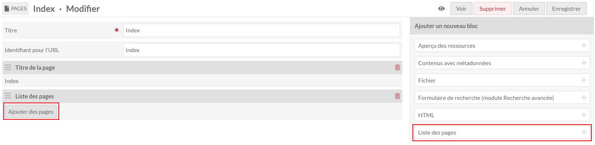 Ajout du bloc Liste des pages