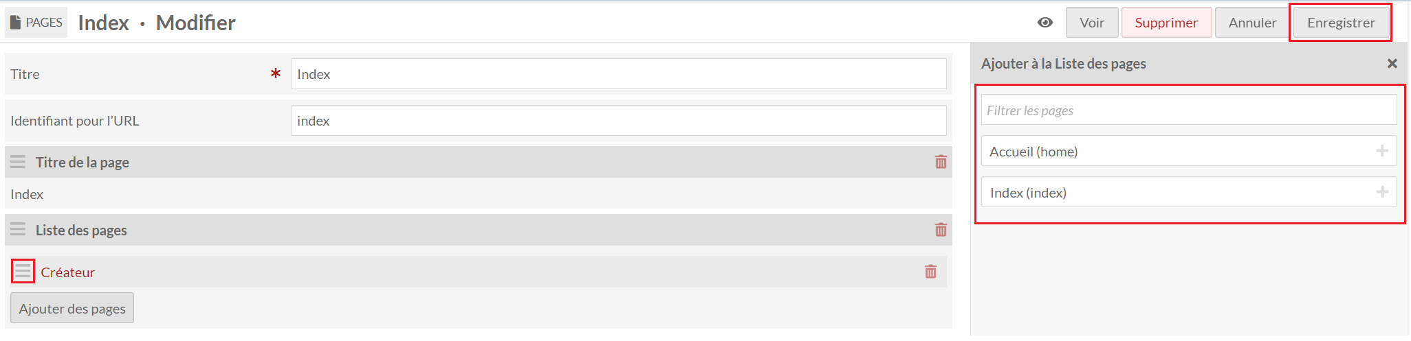 Sélection des pages à lister