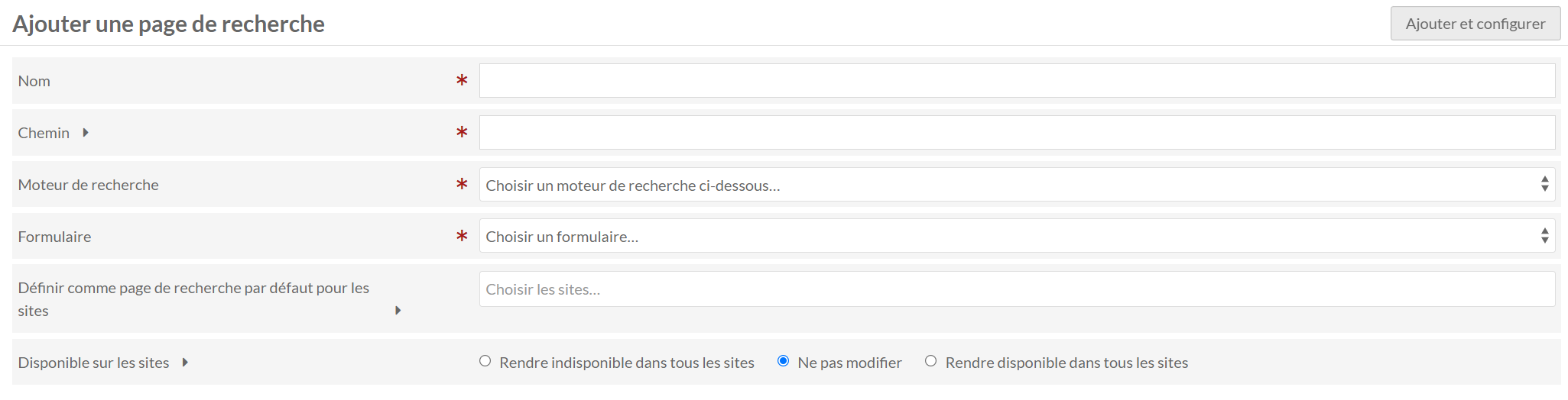Formulaire de création d'une page de résultats